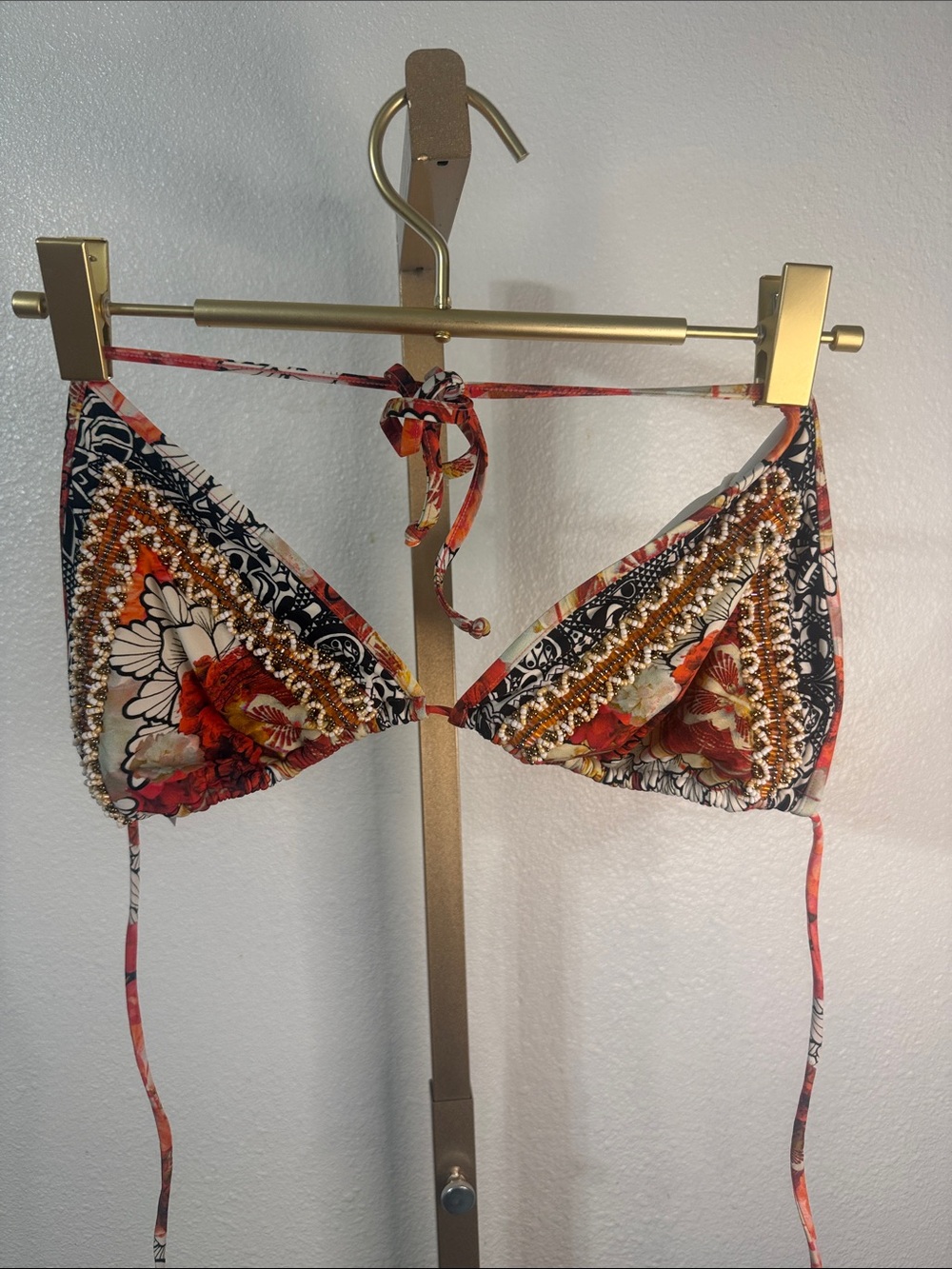 Aquaroma- Orange and neutral toned beaded triangle swim top- Size small